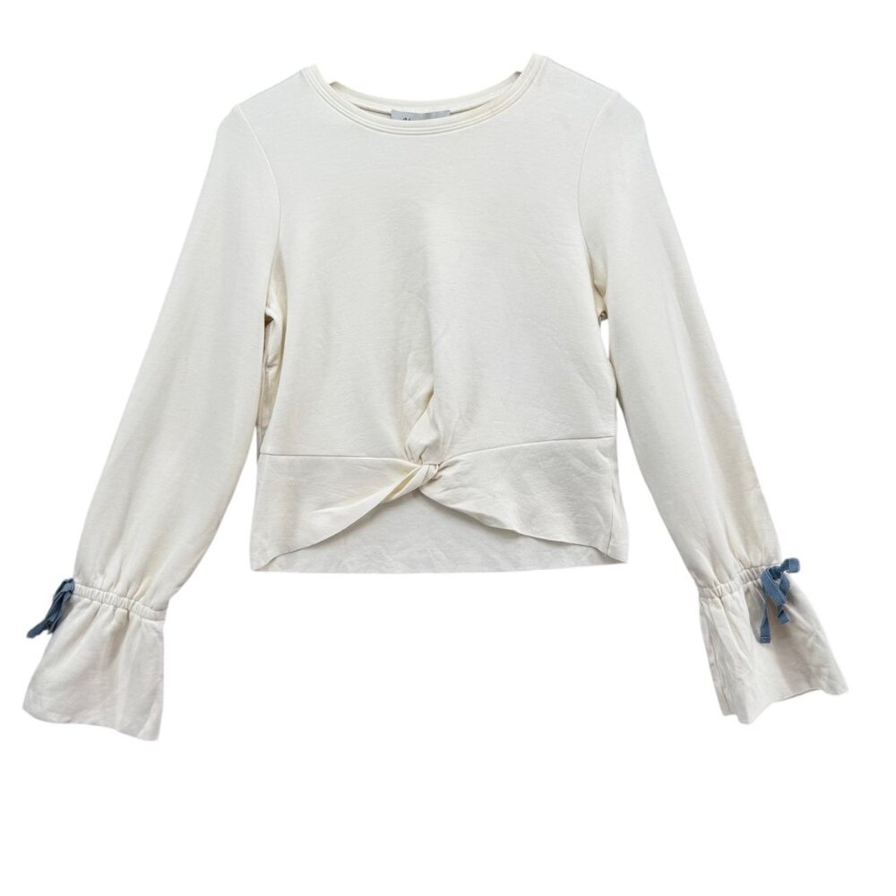 DH New York Twist Front Top Womens Pearl White Long Bell Sleeve Bow Size XS NWD